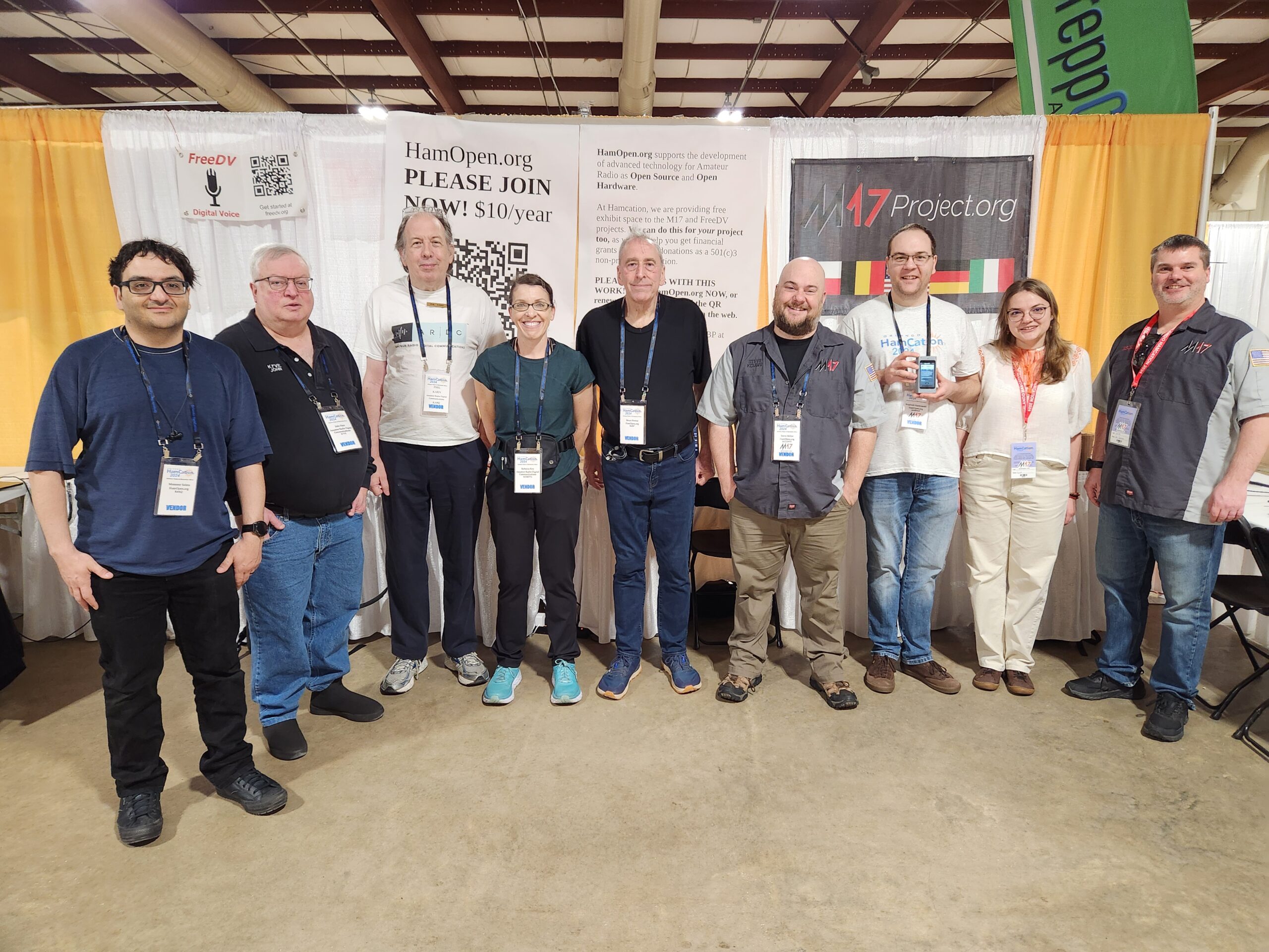 John Hays (K7VE), Phil Karn (KA9Q), and Rebecca Key (KO4KVG) with Amateur Radio Digital Communications (ARDC) Grantees FreeDV and the M17 Project at HamCation 2024