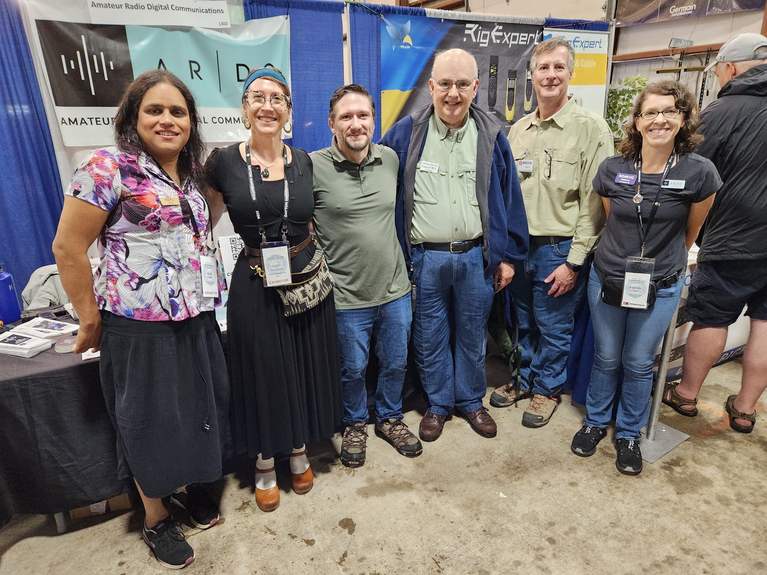 Ria Jairam (N2RJ), Rosy Schechter (KJ7RYV), Adam Lewis (KC7GDY), Dave Gingrich (K9DC), Rich Gopstein (KD2CQ), and Rebecca Key (KO4KVG) at the ARDC Booth, Hamvention 2024.
