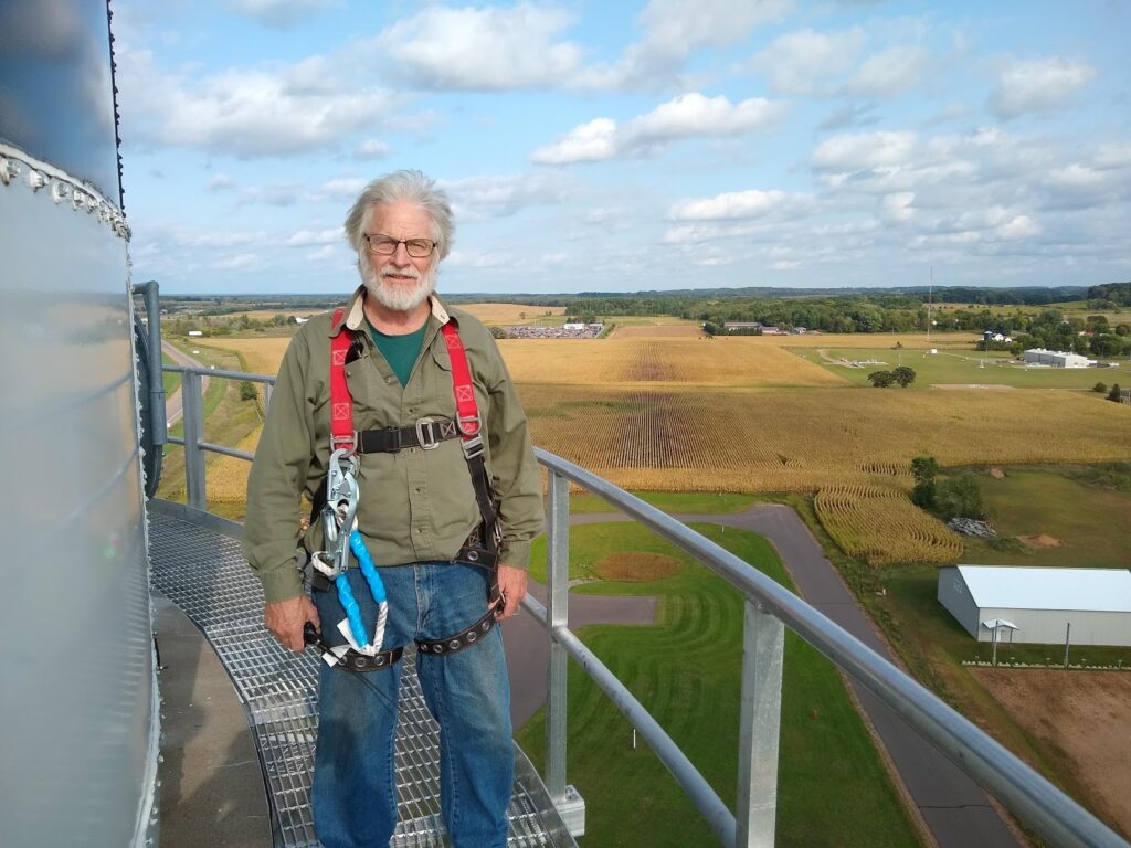 Gary Mohr, KD9CIT, Chippewa Valley Amateur Radio Club (CVARC) member, on top of the Lake Hallie Water Tower