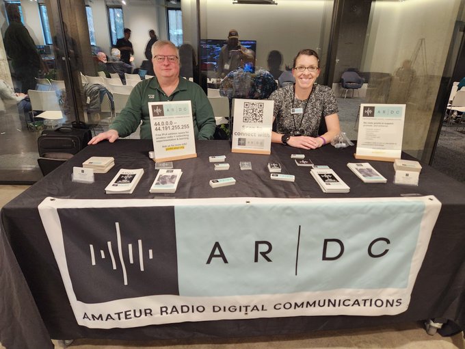 John Hays (K7VE) and Rebecca Key (KO4KVG) at the Amateur Radio Digital Communications (ARDC) booth at the 2024 HamSCI Workshop