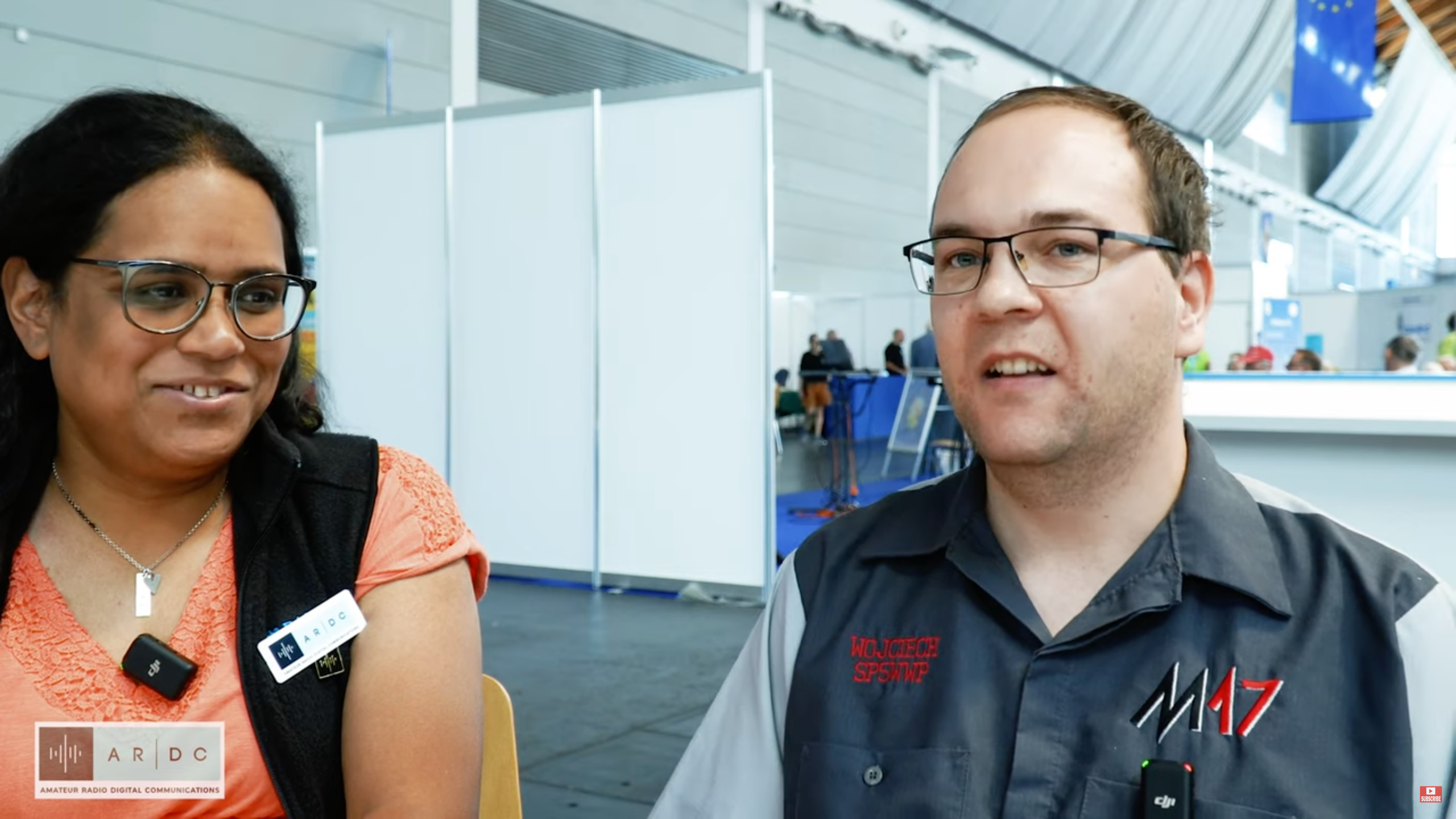 Amateur Radio Digital Communications (ARDC) Board Member Ria Jairam (N2RJ) interviews Wojciech Kaczmarski (SP5WWP) of M17 at Ham Radio Freidrichshafen