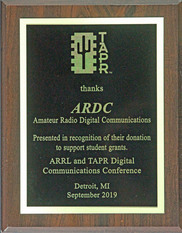 Plaque to Amateur Radio Digital Communications (ARDC) given at the American Radio Relay League (ARRL) & Tucson Amateur Packet Radio (TAPR) Digital Communications Conference in 2019, recognizing their donation to support student grants