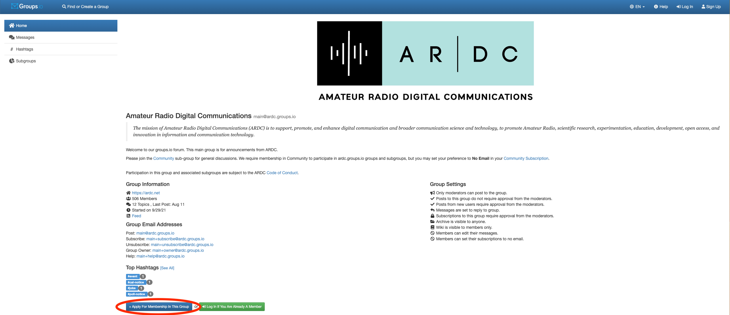 ardc.groups.io Main page