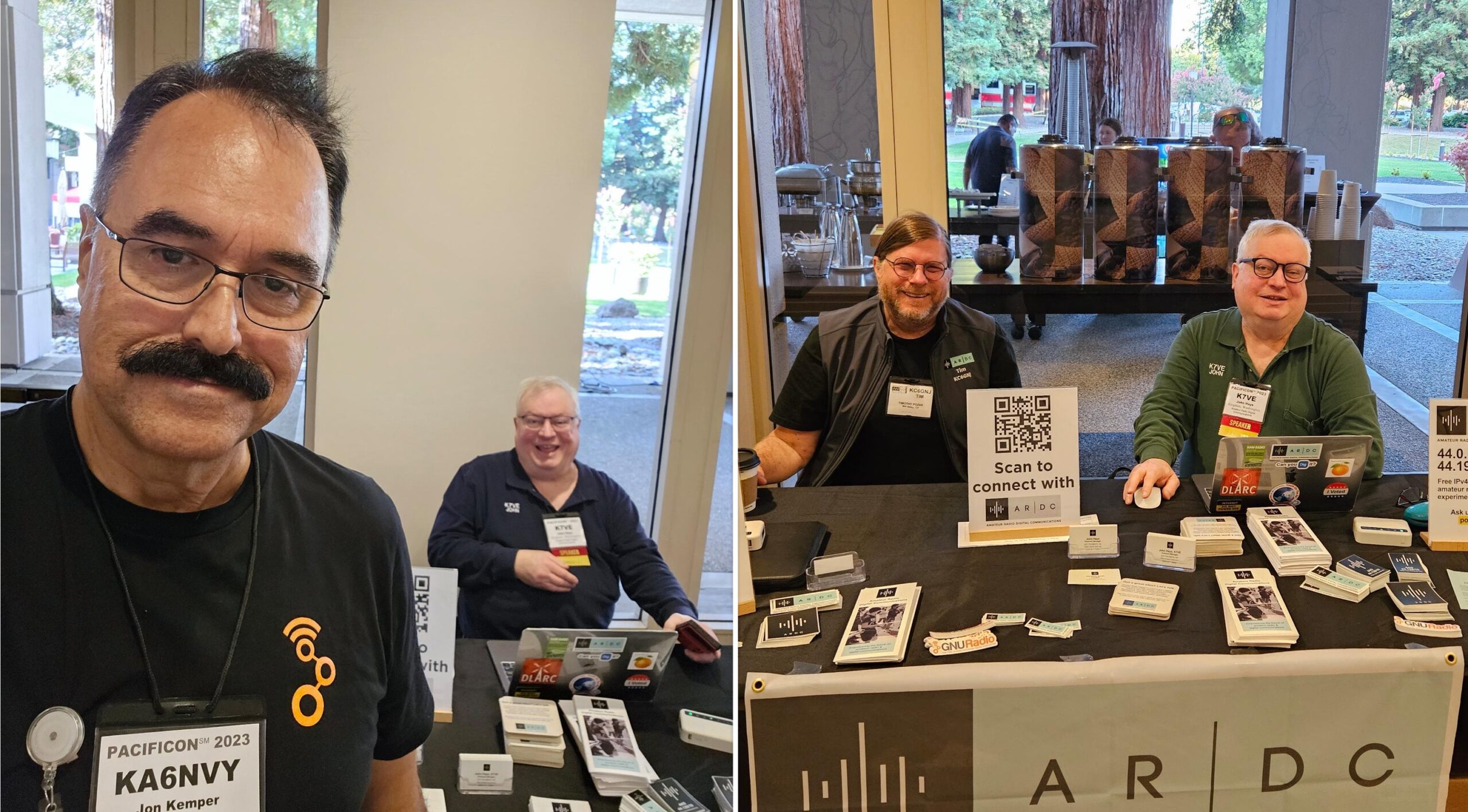 Jon Kemper (KA6NVY), John Hays (K7VE), and Tim Tim Požár (KC6GNJ) at the Amateur Radio Digital Communications (ARDC) booth at Pacificon 2023