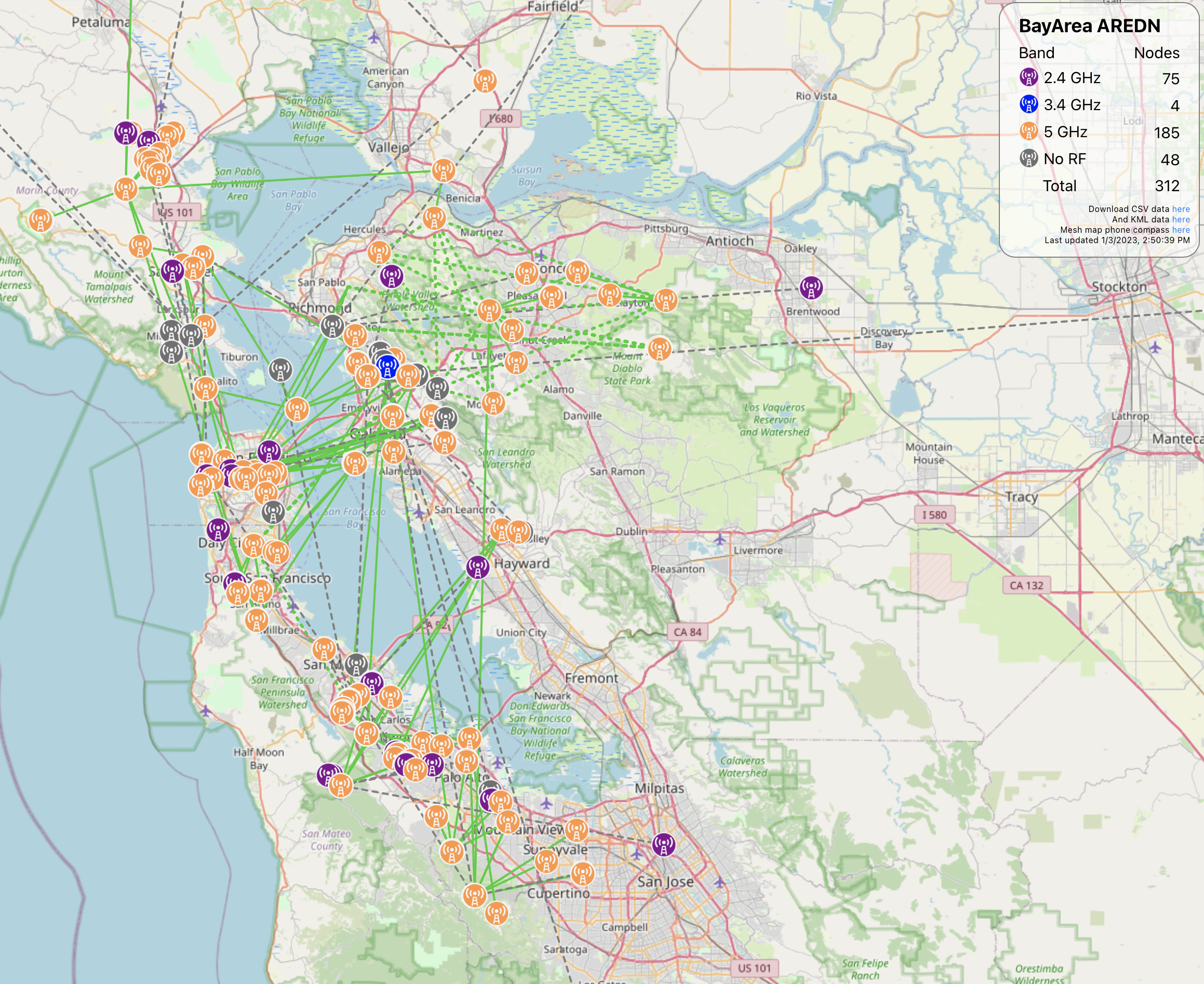 Map depicting the Bay Area Mesh (BAM) network in the San Francisco Bay Area
