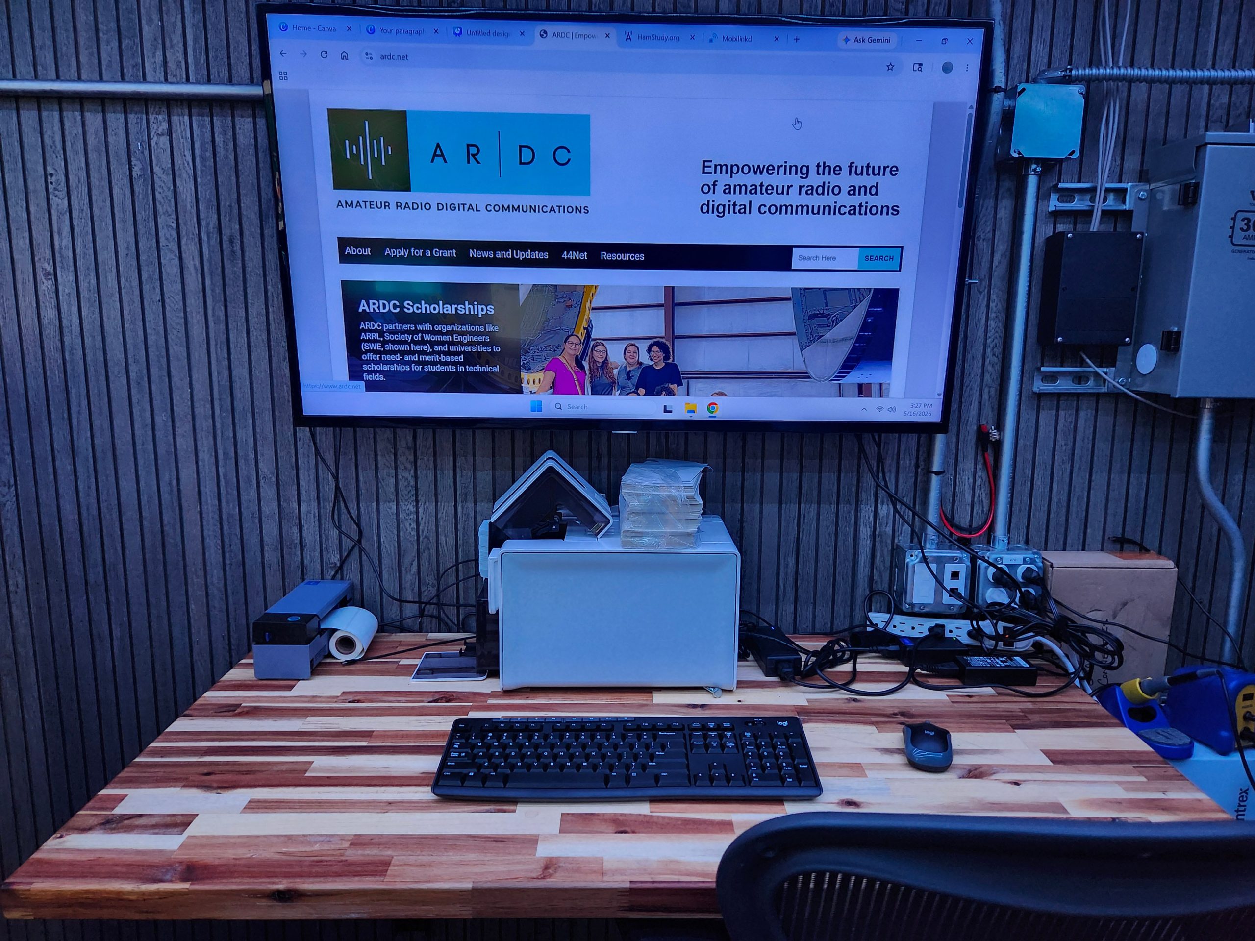 A 1-monitor workstation inside of the Portal County Amateur Radio Club's K9PC trailer, Hamvention 2026