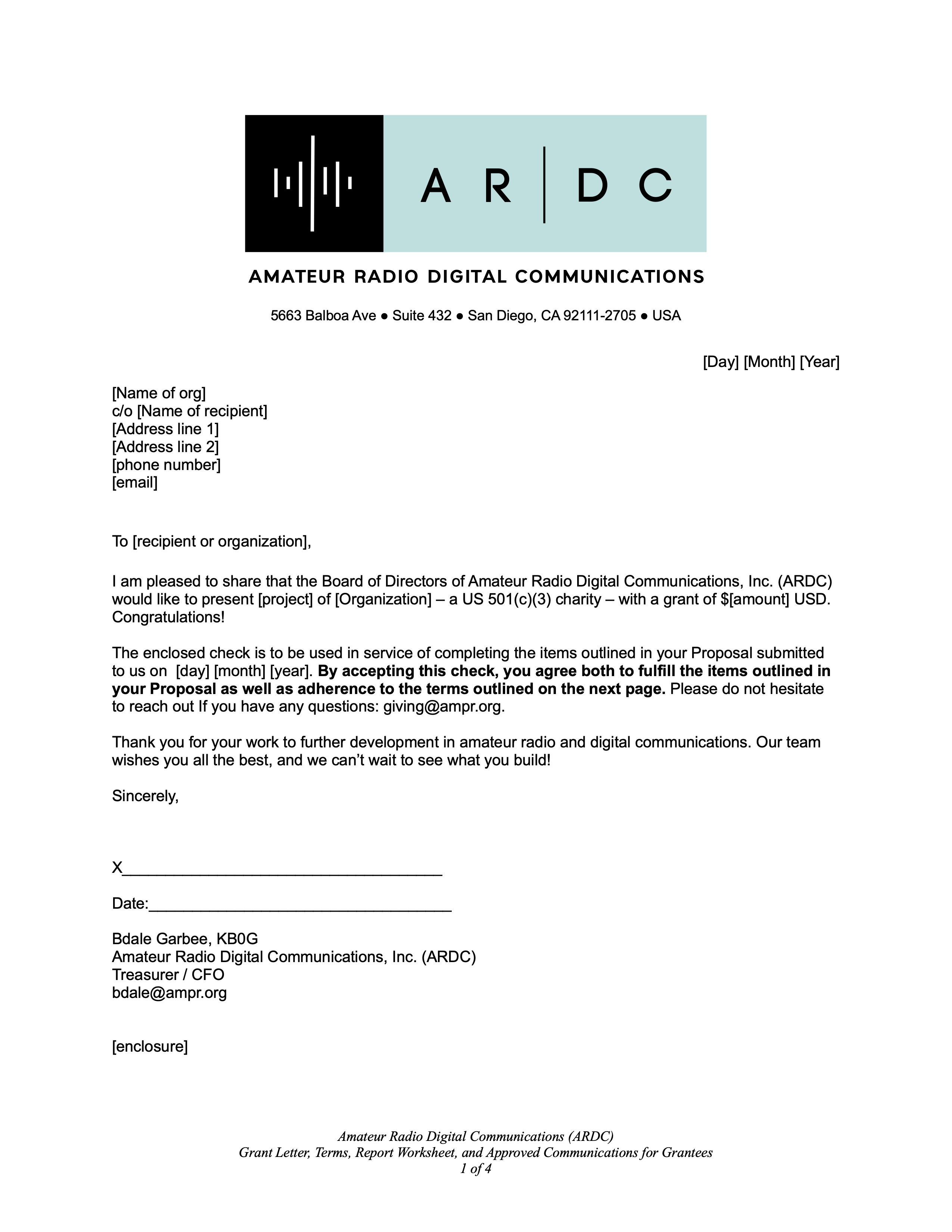 Example of an Amateur Radio Digital Communications (ARDC) grant award letter