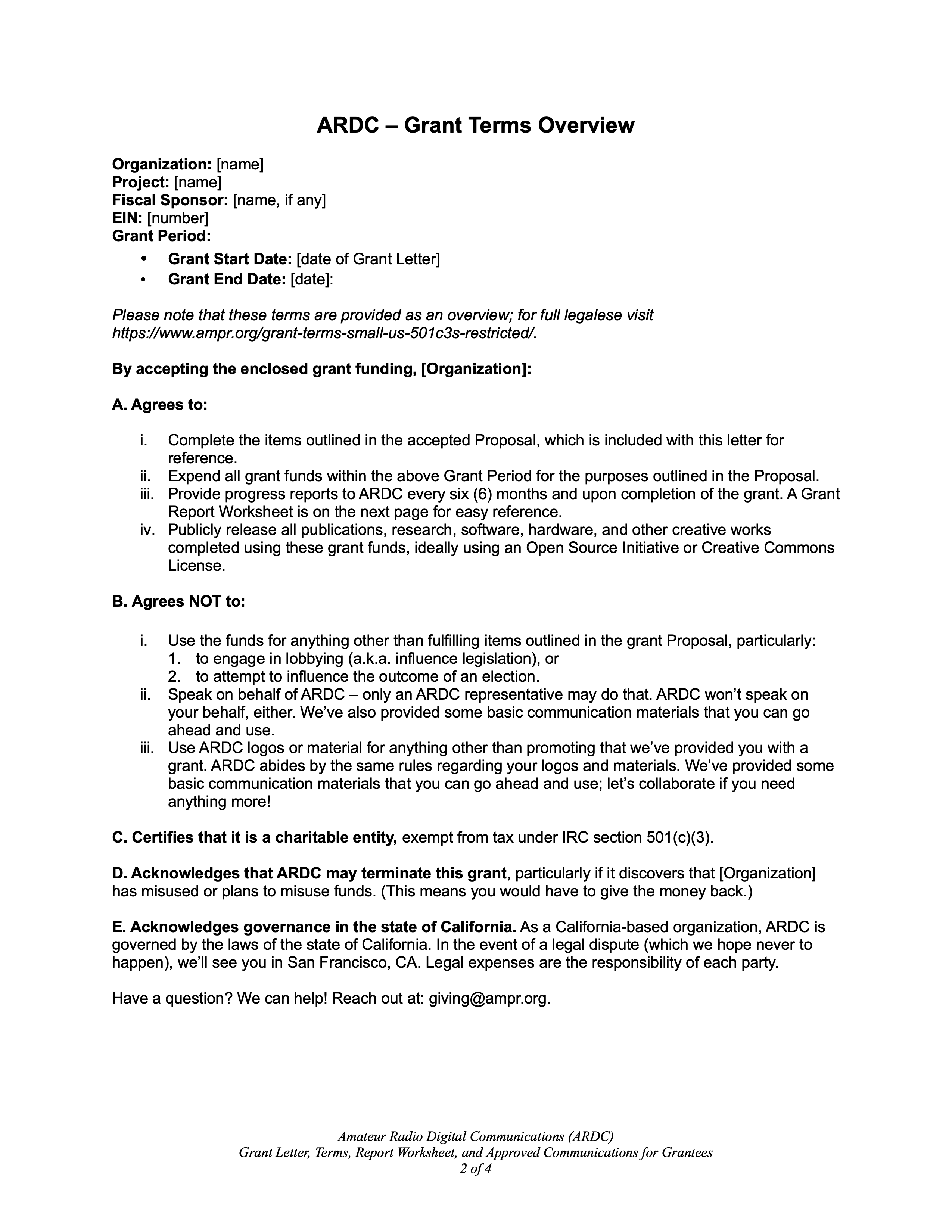 Example of an Amateur Radio Digital Communications (ARDC) grant terms overview