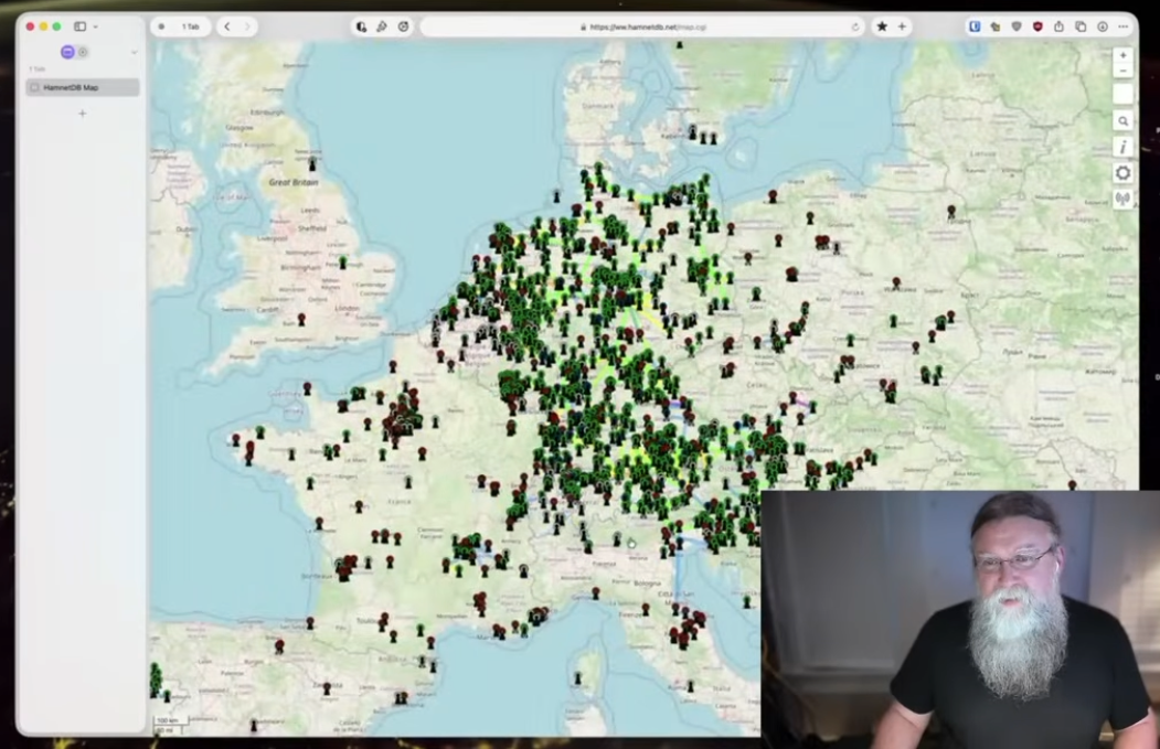 44Net Program Manager John Burwell KI5QKX presenting a map of HAMNET coverage during a Ham Radio Crash Course Live Stream, June 13, 2026