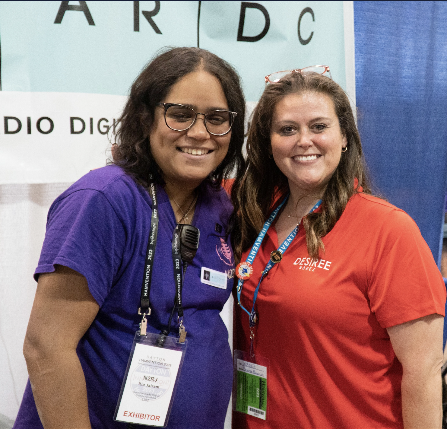 Amateur Radio Digital Communications (ARDC) Board member Ria Jairam N2RJ at Hamvention with Desiree Baccus N3DEZ, an American Radio Relay League (ARRL) ARDC Scholarship recipient