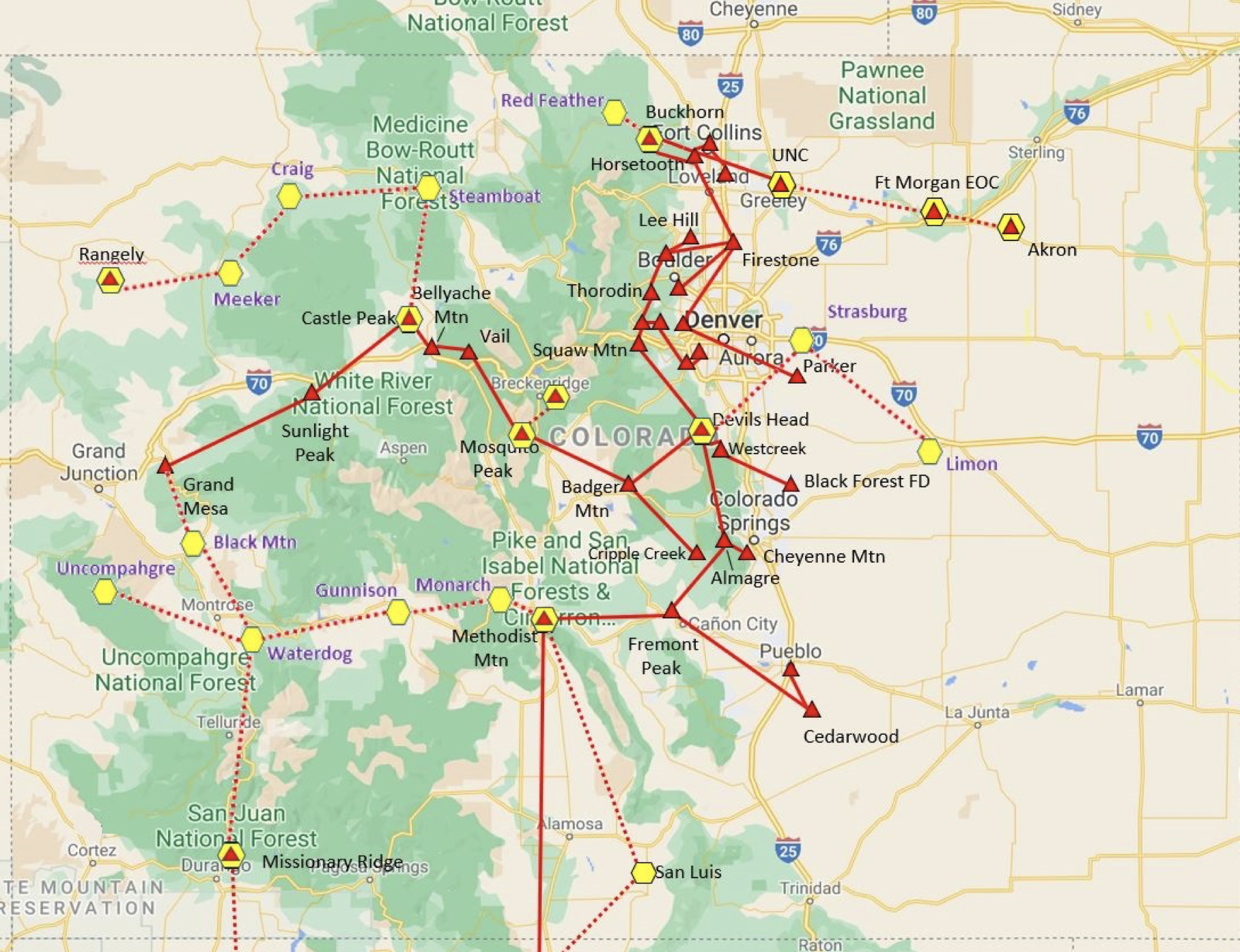 Map depicting the Rocky Mountain Ham Radio (RMHAM) network in Colorado