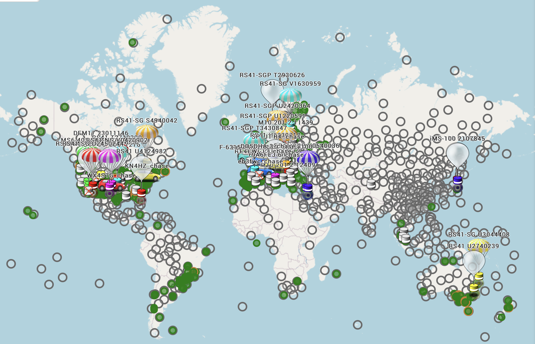 Map depicting SondeHub, a global and free amateur radio weather balloon monitoring platform